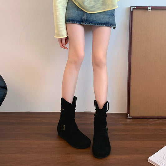Women's Insole Vintage Suede Buckle Big Tube Circumference Fat Boots