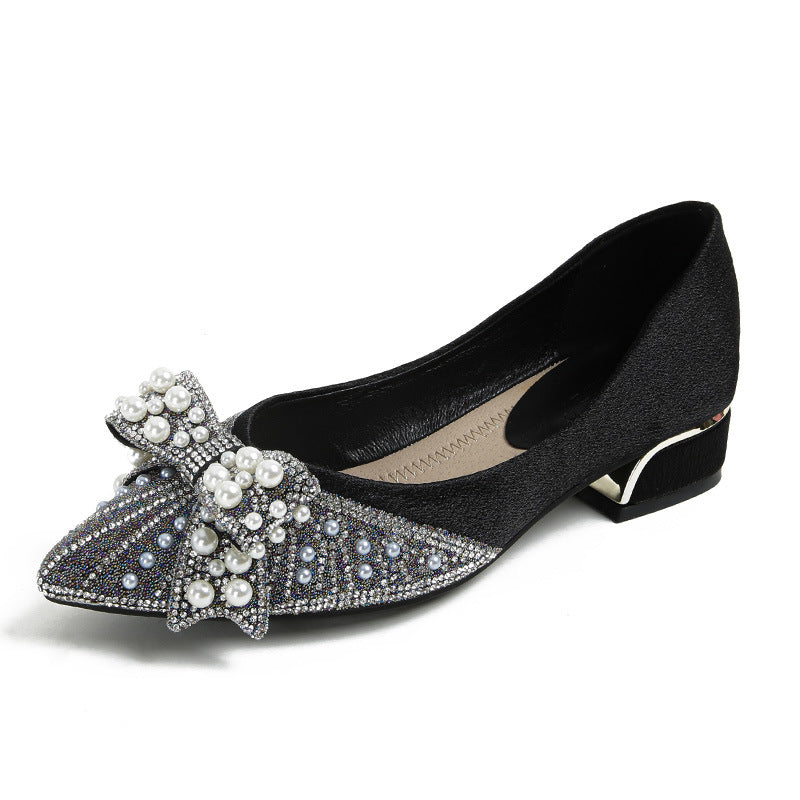 Women's Pumps Chunky Low-cut Rhinestone Pearl Bow Women's Shoes