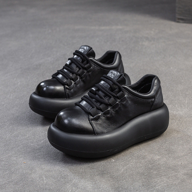 Women's Thick-soled Top Layer Cowhide Pumps British Women's Shoes