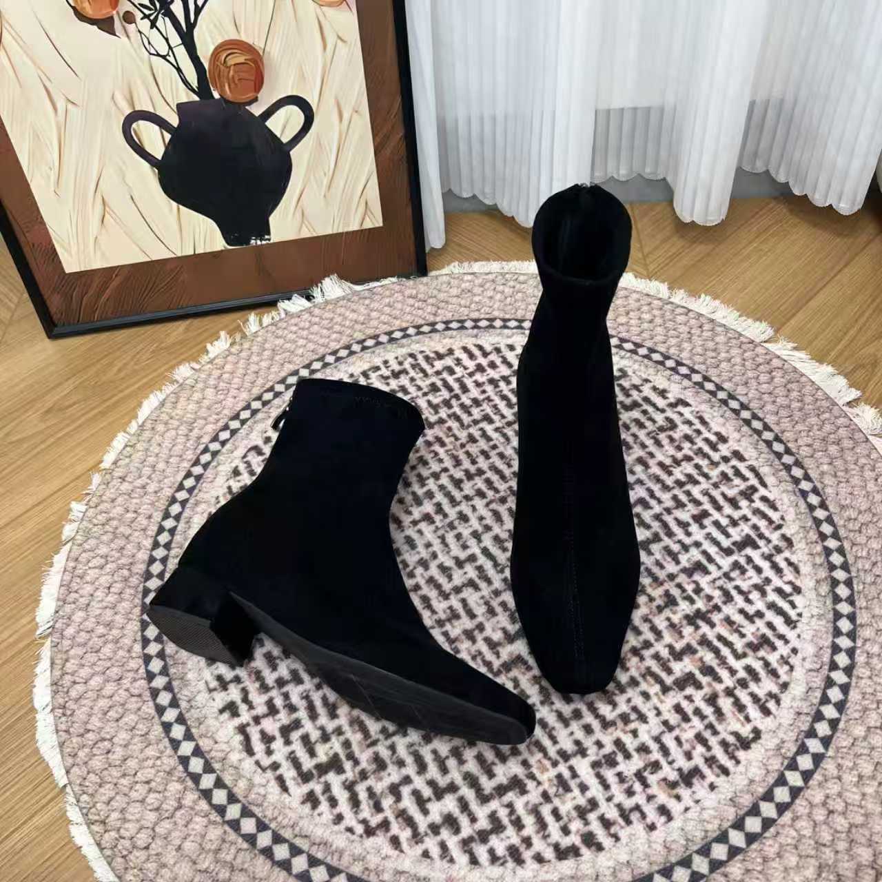 Minimalist Skinny Female Temperament Square Toe Chunky Height Increasing Insole Women's Leather Boots