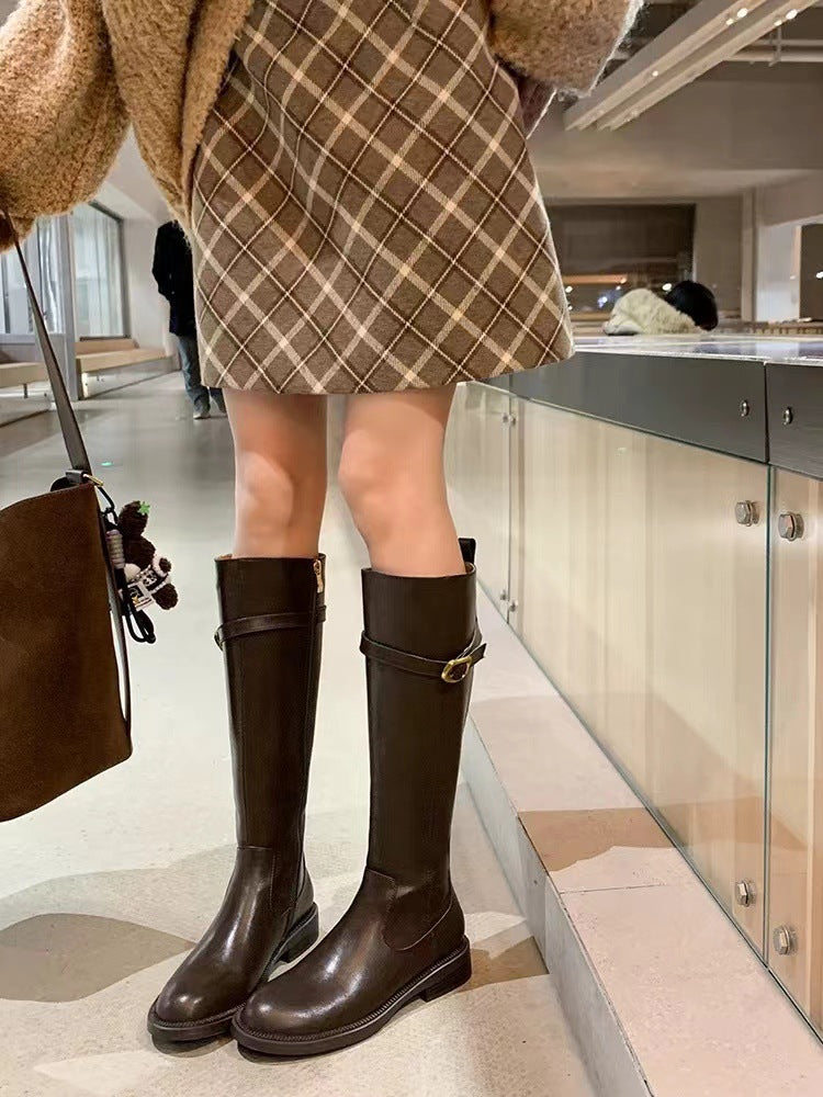 Women's Small Golden Button Thick Bottom Chunky Tall Knight Slimming Versatile Boots