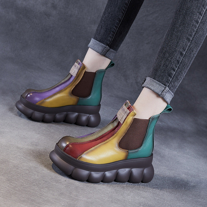 Women's Platform Wedge Rainbow Round Toe Top Layer Boots