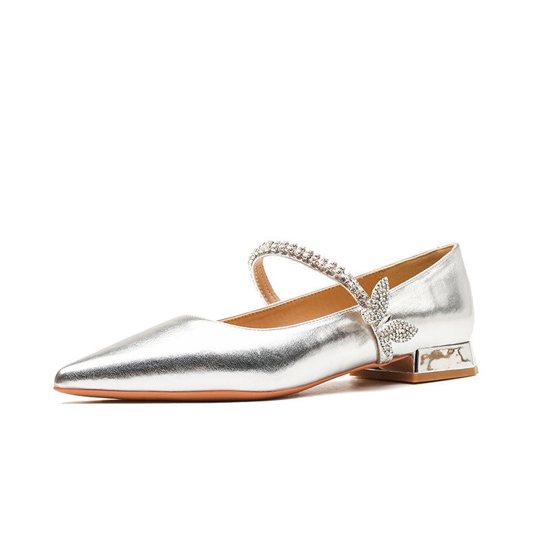 Women's Chunky Flat Pointed Toe Rhinestone Bow Women's Fashion Shoes