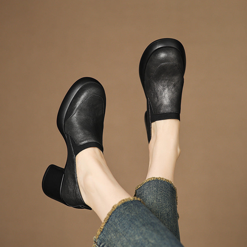 Women's Deep Mouth Pumps Thick Bottom Round Toe High Genuine Women's Fashion Shoes
