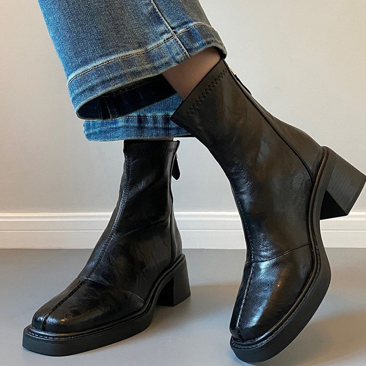 Women's Retro High Ankle Square Toe Stretch Pleated Women's Leather Boots