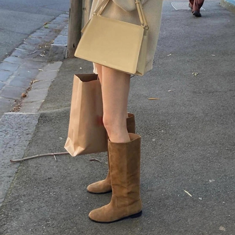 Women's Korean Style Suede Knee-high Flat Slimming Below The Knee Women's Leather Boots