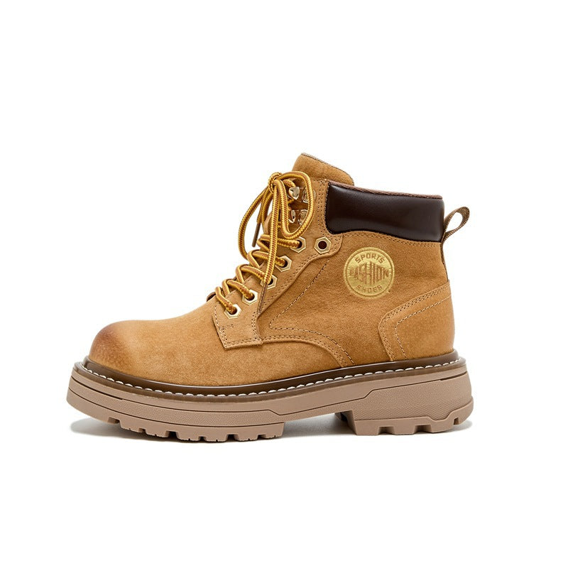 Wang Worker Couple Outdoor Travel Height Increasing Insole Platform Women's Leather Boots