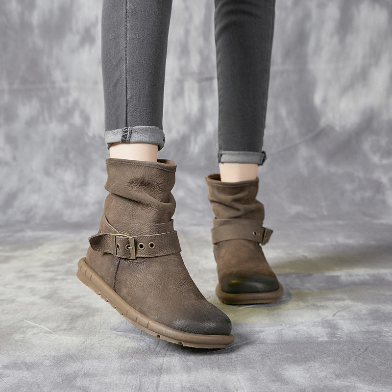 Women's Genuine Single Mori Style Retro Round Toe Comfortable Soft Bottom Women's Leather Boots