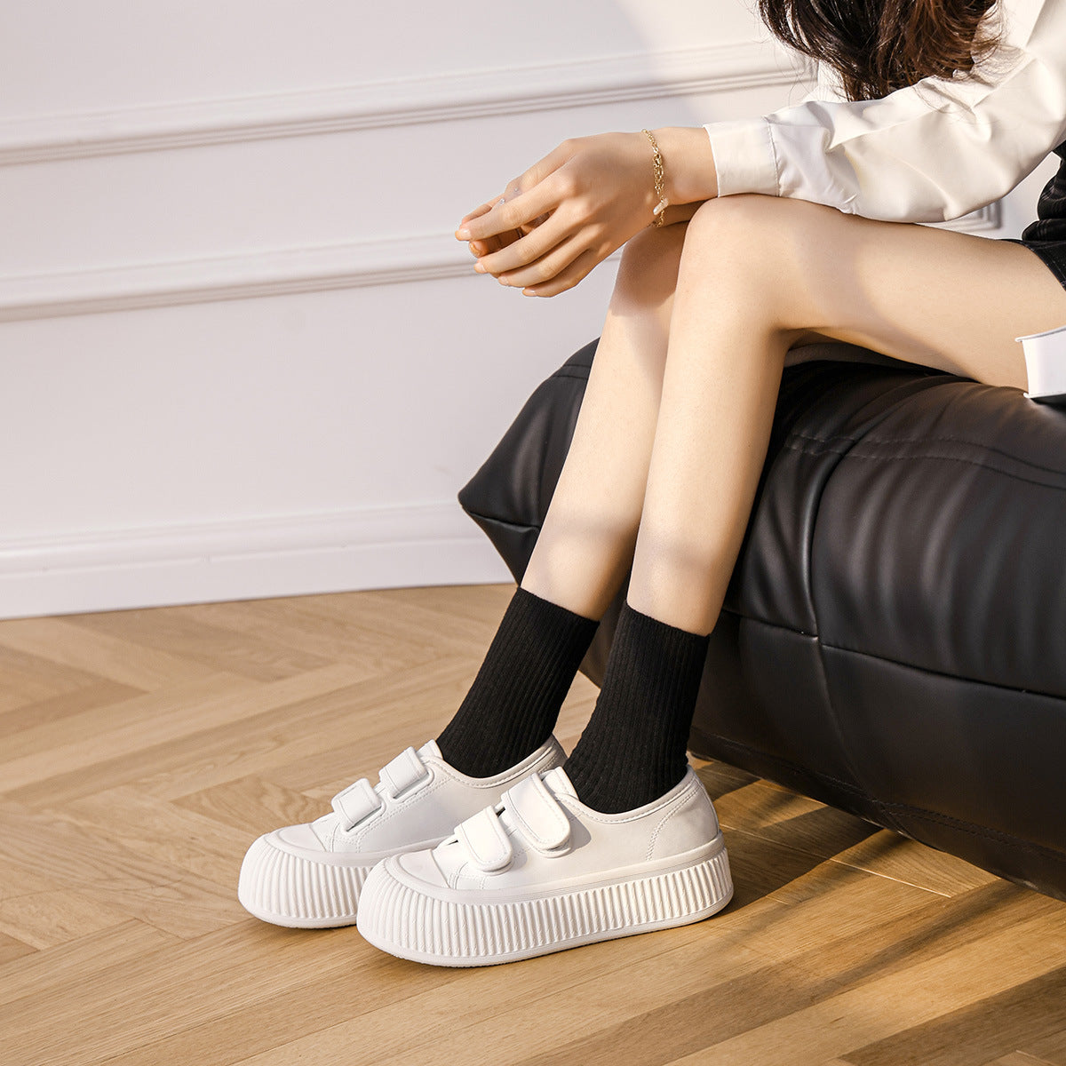 Women's White Genuine Elevator Velcro Cute Ugly Casual Shoes