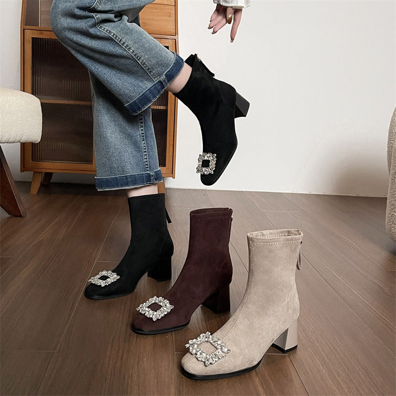 Women's Chunky Short Matte Suede Fashion Square Toe Rhinestone Women's Leather Boots