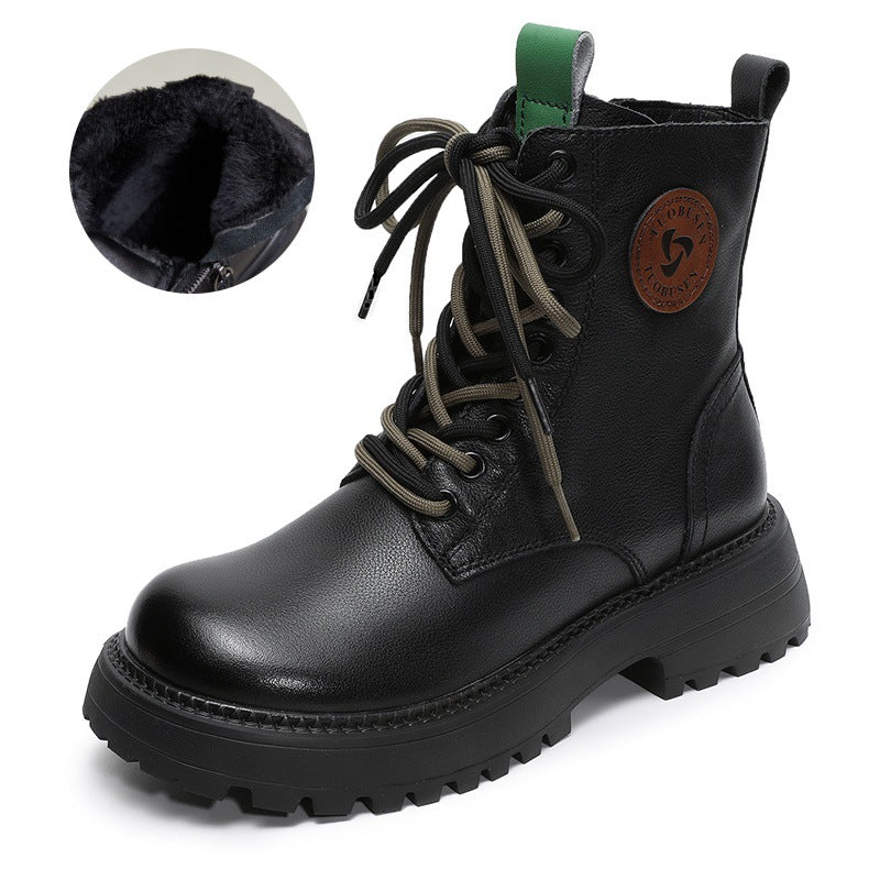 Women's First Layer Cowhide Martin Motorcycle Round Head Women's Leather Boots