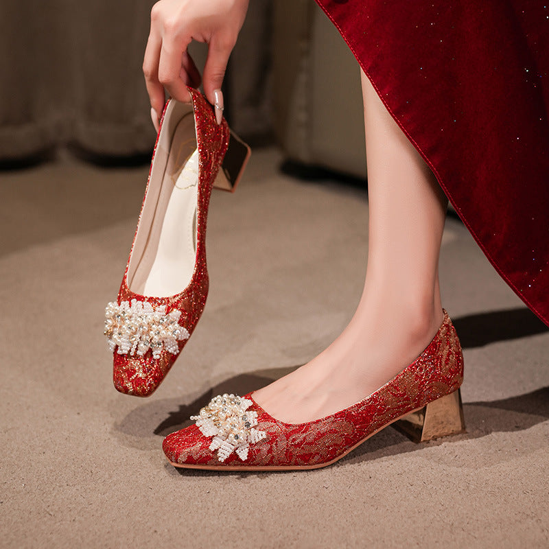 Women's Red Wedding Chunky Chinese Style Toast Dress Women's Casual Shoes