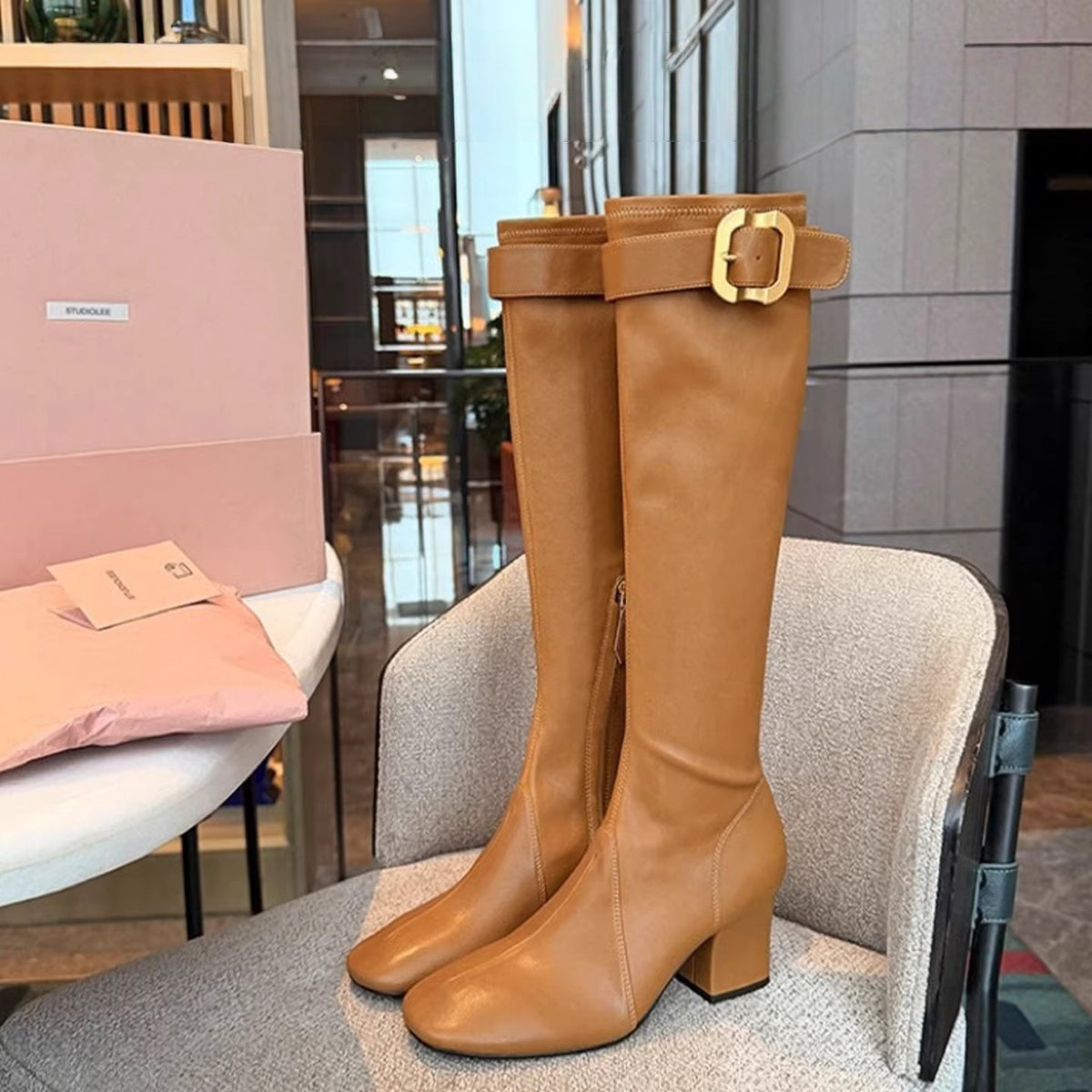 Mom Belt Buckle Thick Increased Side Women's Leather Boots