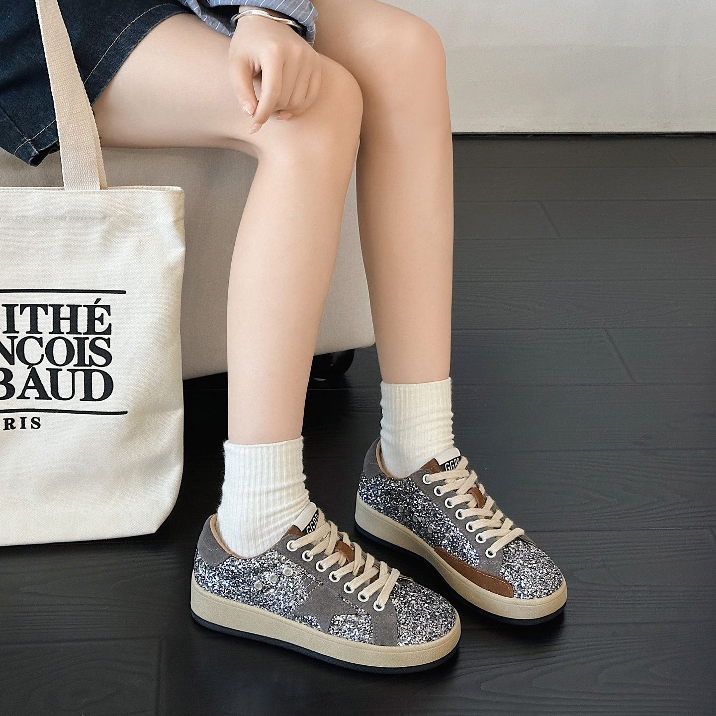 Women's Her Sequins Golden Goose Autumn Distressed Star Round Toe Women's Casual Shoes