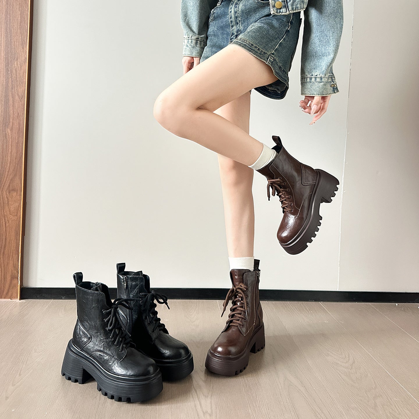Women's Hight Increasing Martin Platform Single Lace Up Women's Leather Boots