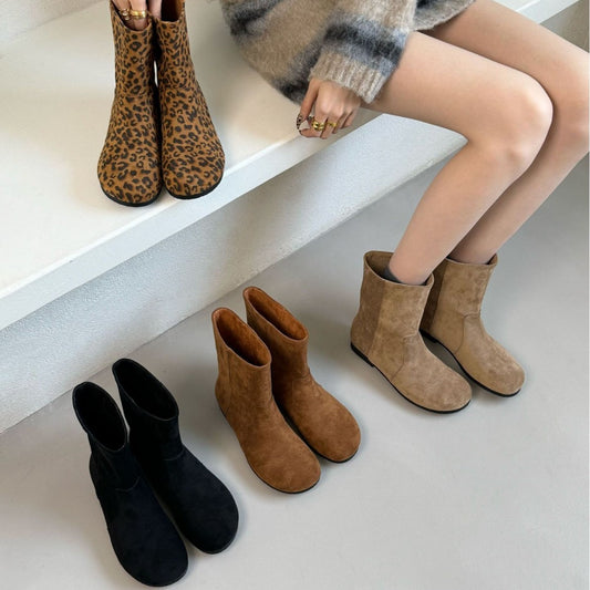 Women's Retro Lazy Style Pinecone Booties Round Toe Flat Bottom Martin Women's Leather Boots