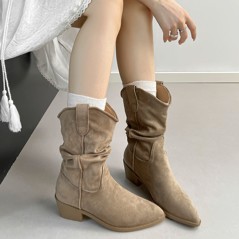 Women's Vintage Suede Pointed Toe Pile Style Short For V Cut Women's Leather Boots