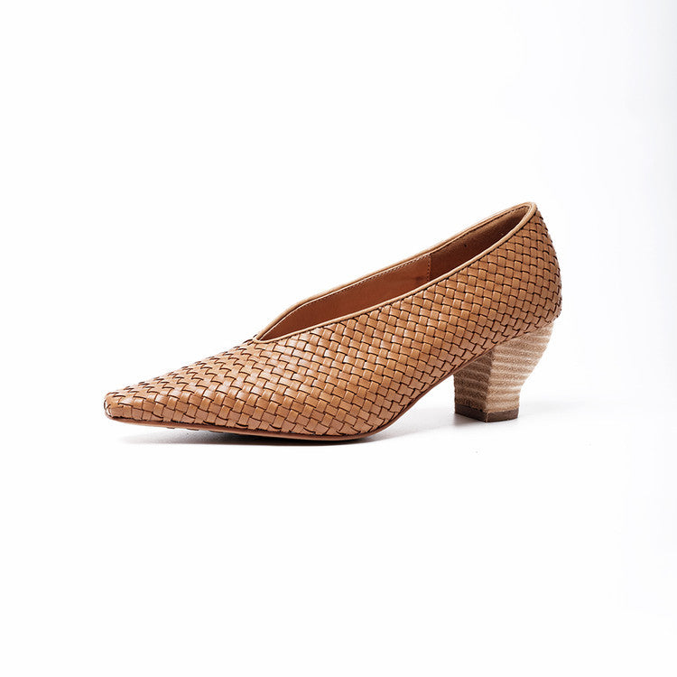 Women's Woven Pumps Thick Kitten Early Spring Genuine Square Toe Low-cut Women's Fashion Shoes