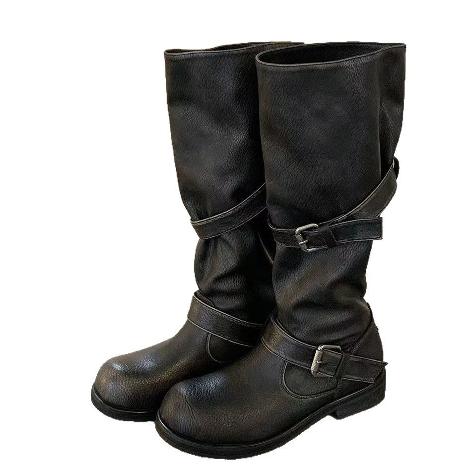 Western Hot Double Belt Buckle Round Toe Pants Tube Thick Women's Leather Boots