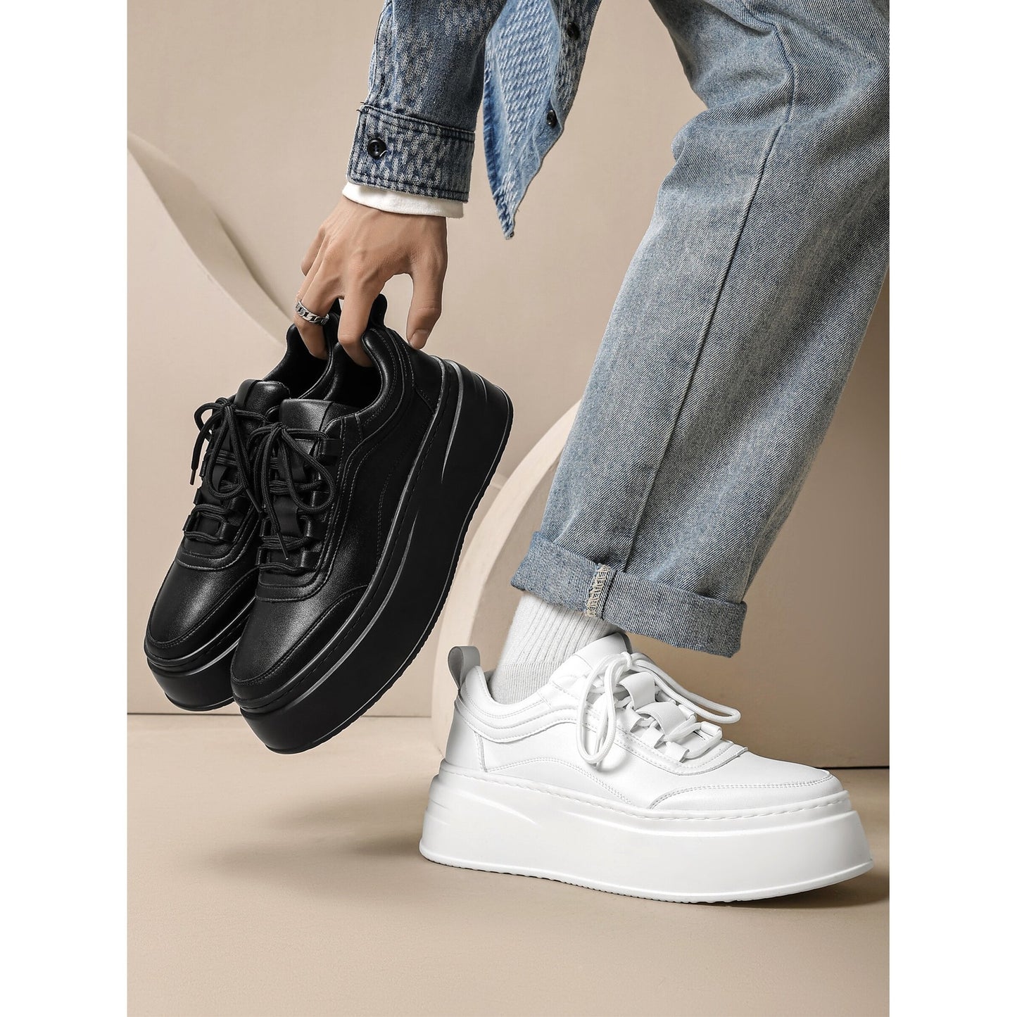 Men's Black Platform White Height Increasing Insole Sneakers
