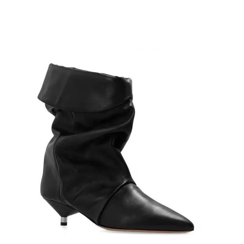 Women's Kitten Pointed Sleeve Pleated Suede Pile Style Large Size Wide Boots