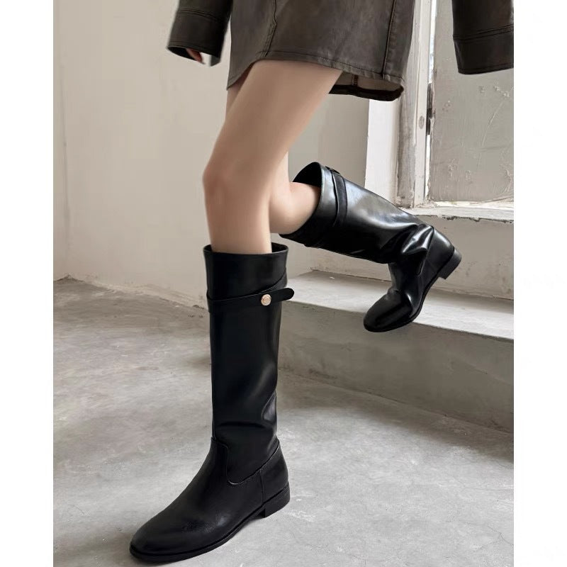 Women's Black Gold Coin Chunky Platform Long Tube Knight High Straight Women's Leather Boots