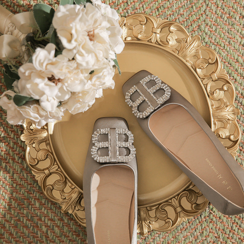 Women's & Men's Retro Big Rhinestone Ornament Square Toe Women's Shoes