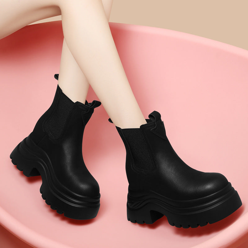 Women's British Style Short High Platform Height Increasing Insole Boots