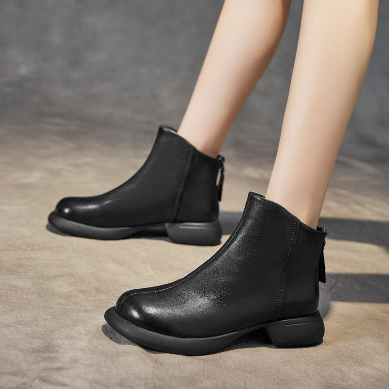 Women's First Layer Cowhide Round Toe Vintage Brushed Ankle Men's Shoes