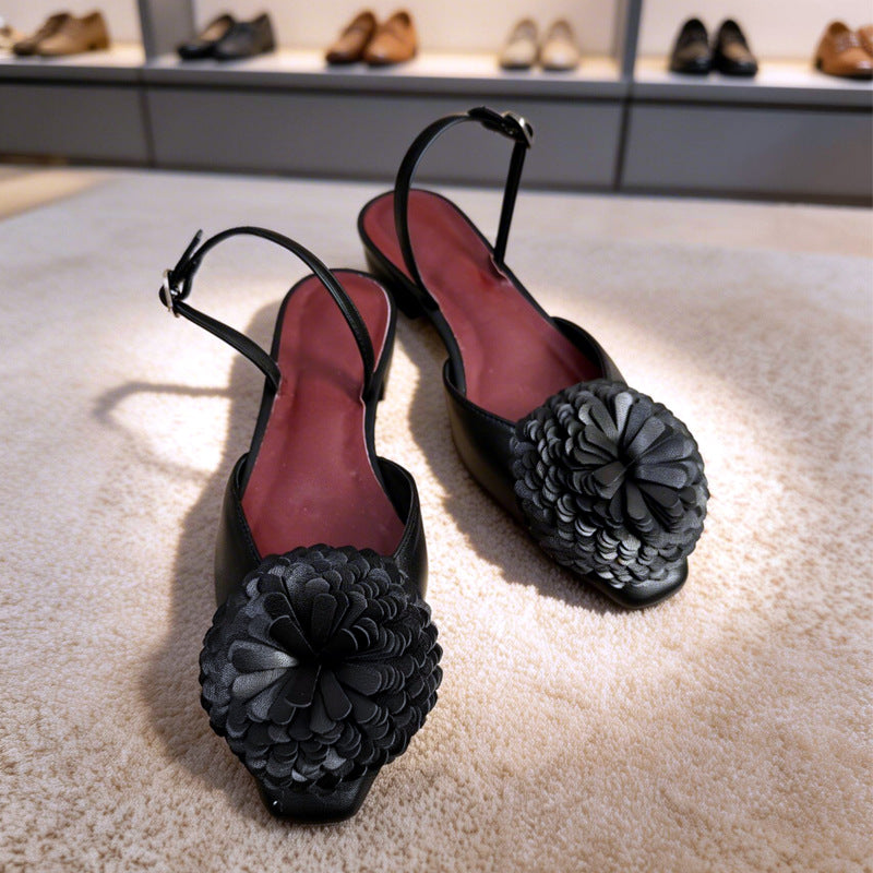 Women's Classic Style Camellia Flower Square Toe Bottom Buckle Strap Elegant Flat Sandals