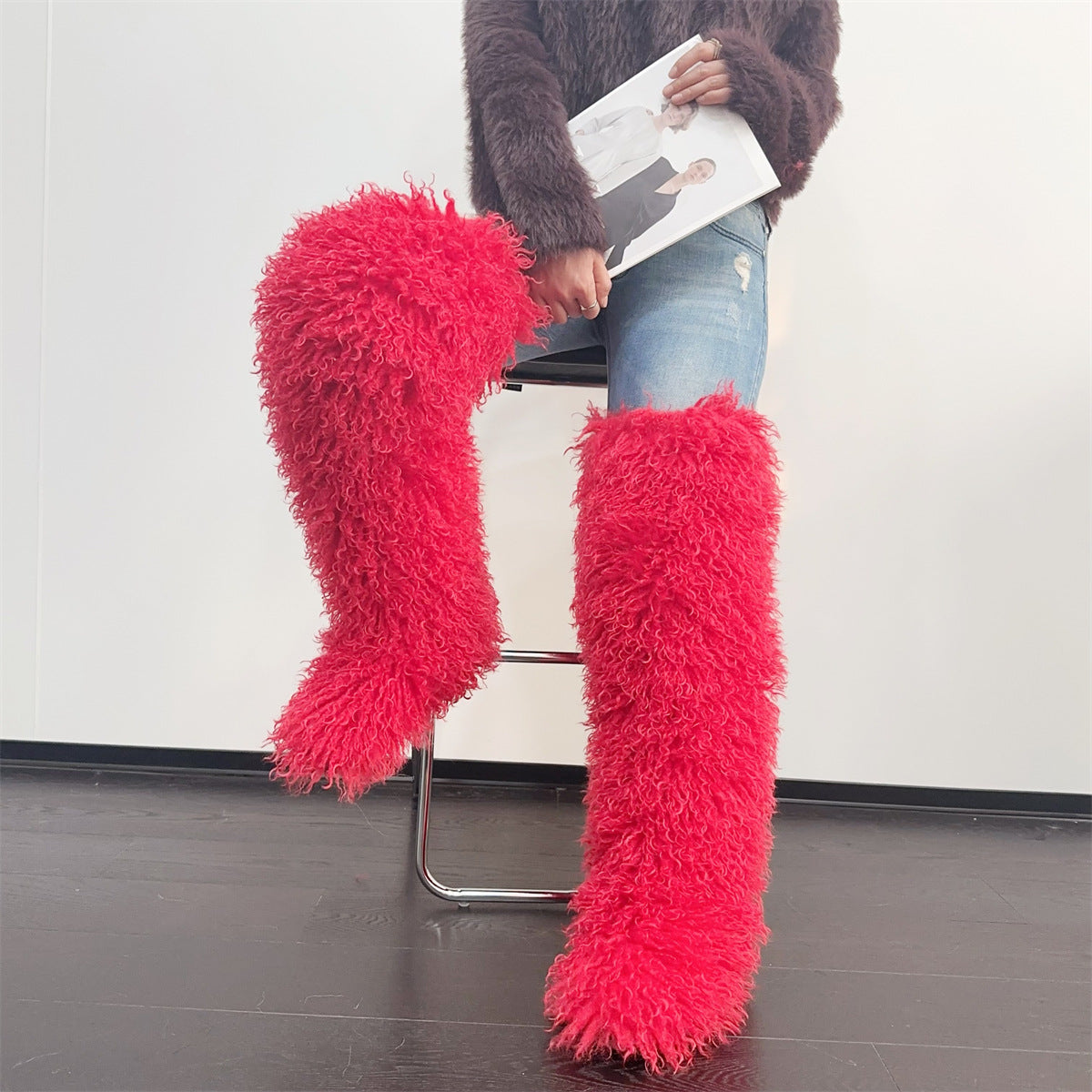 Imitated Tibet Sheep Fur Thigh Height Over Women's Snow Boots