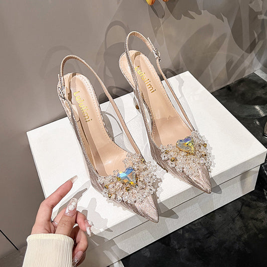 Stiletto Pointed Toe Rhinestone Pearl Bridal Wedding Shiny Closed Silicon High Heeled Sandals