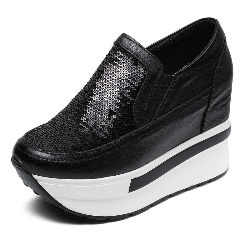 Women's Invisible Elevated Platform Wedge Top Layer Cowhide Slip-on Women's Fashion Shoes