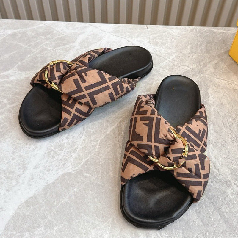 Summer F Home Retro Cross Metal Buckle Bread Flat Slippers