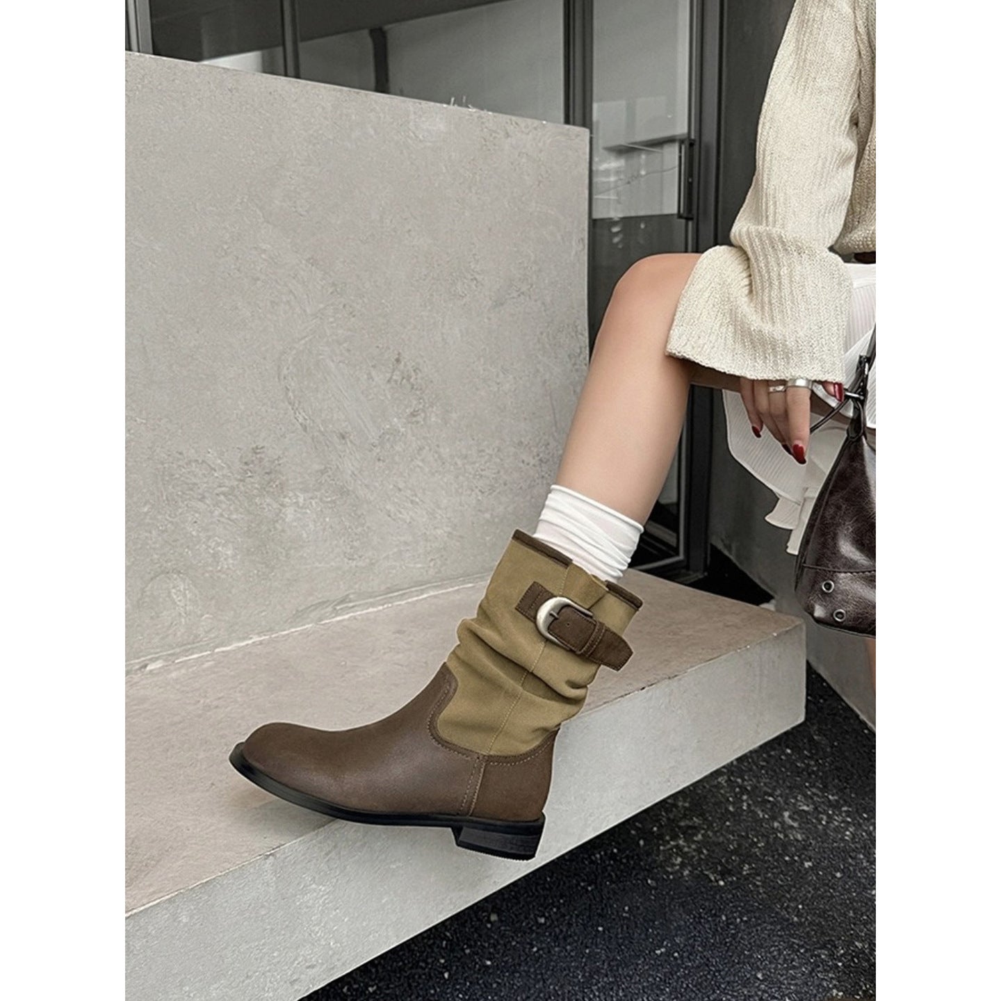 Women's Western Cowboy Chunky Pile Style Wide Women's Leather Boots