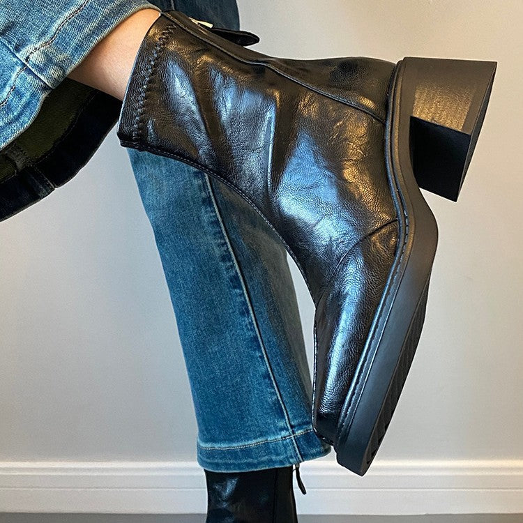 Women's Retro High Ankle Square Toe Stretch Pleated Women's Leather Boots
