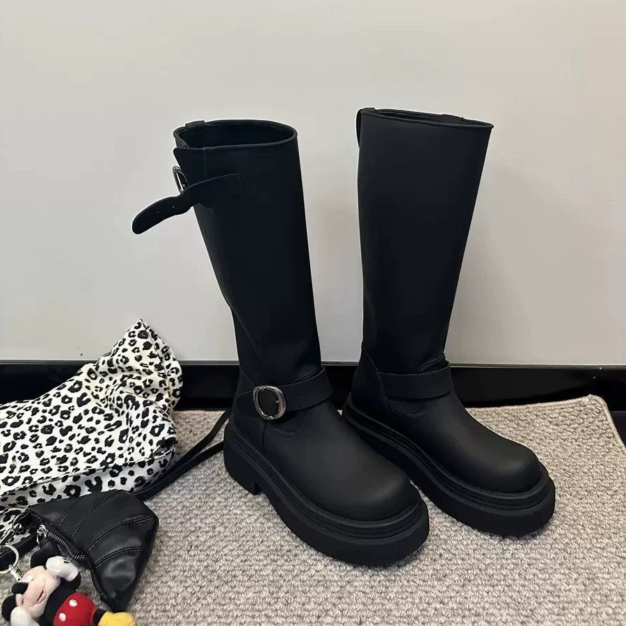 Women's Skinny Below The Knee Thick Bottom Tall Women's Leather Boots