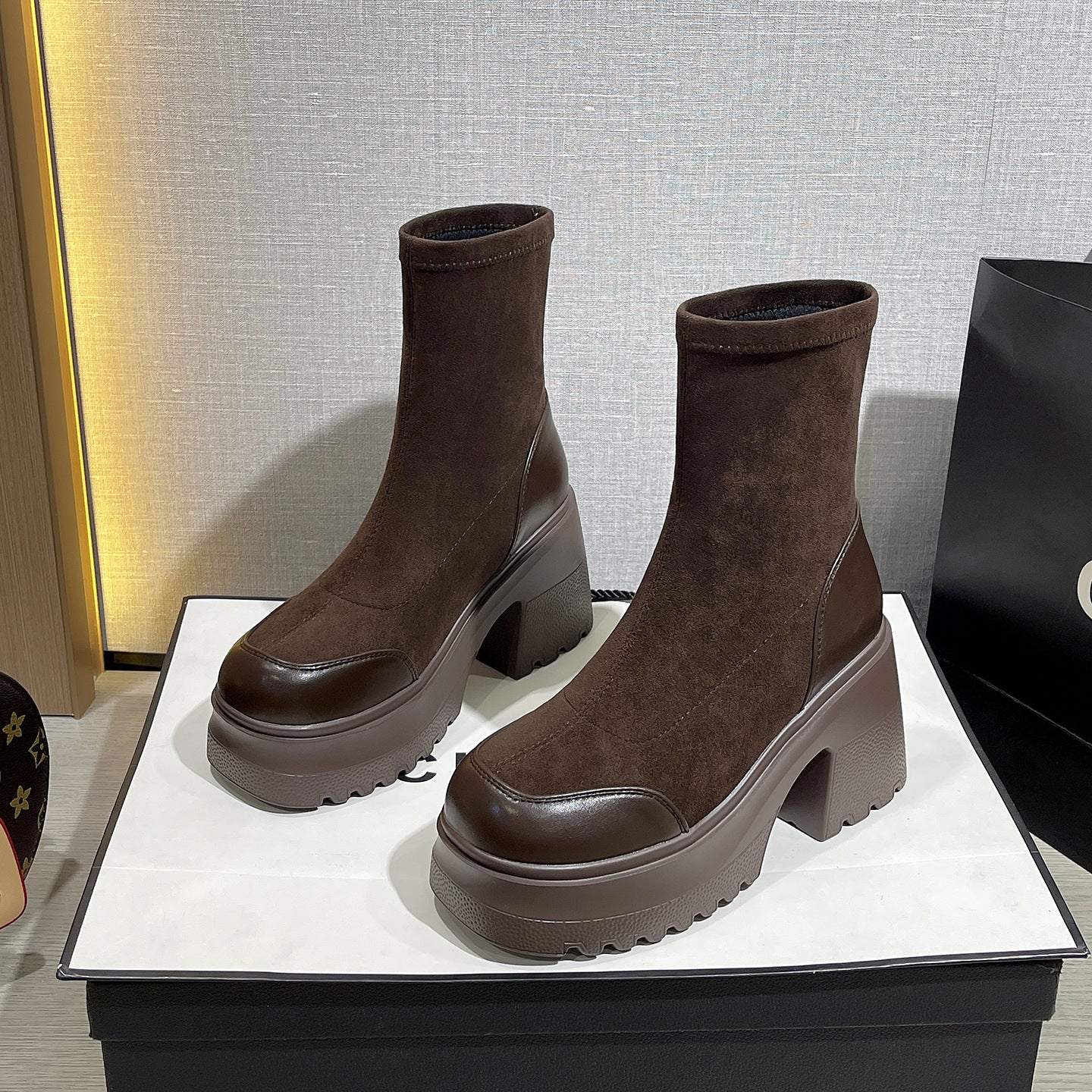 Women's Stretch Autumn Platform Speed Trainer Socks Women's Leather Boots