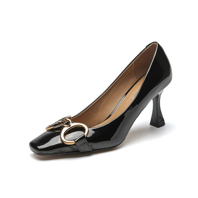 Women's Buckle Spring French Lady Style Stiletto Square Toe Low-cut Heels
