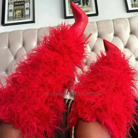 Women's Special Stiletto Fur Warm Fashion High-heel Pointed High Women's Leather Boots