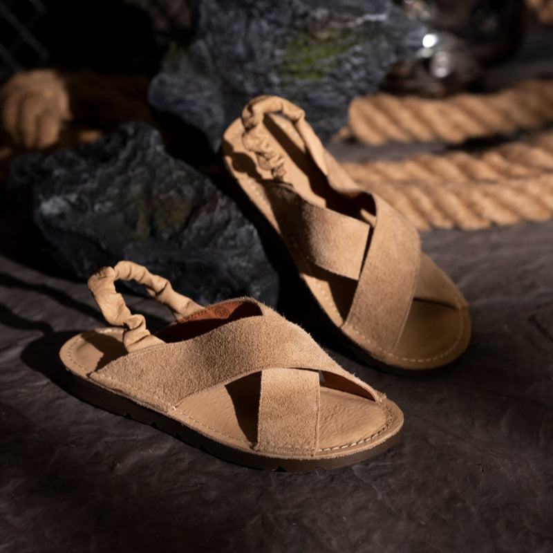 Women's Summer Retro Handmade Cross Strap Top Layer Cowhide Roman Sandals