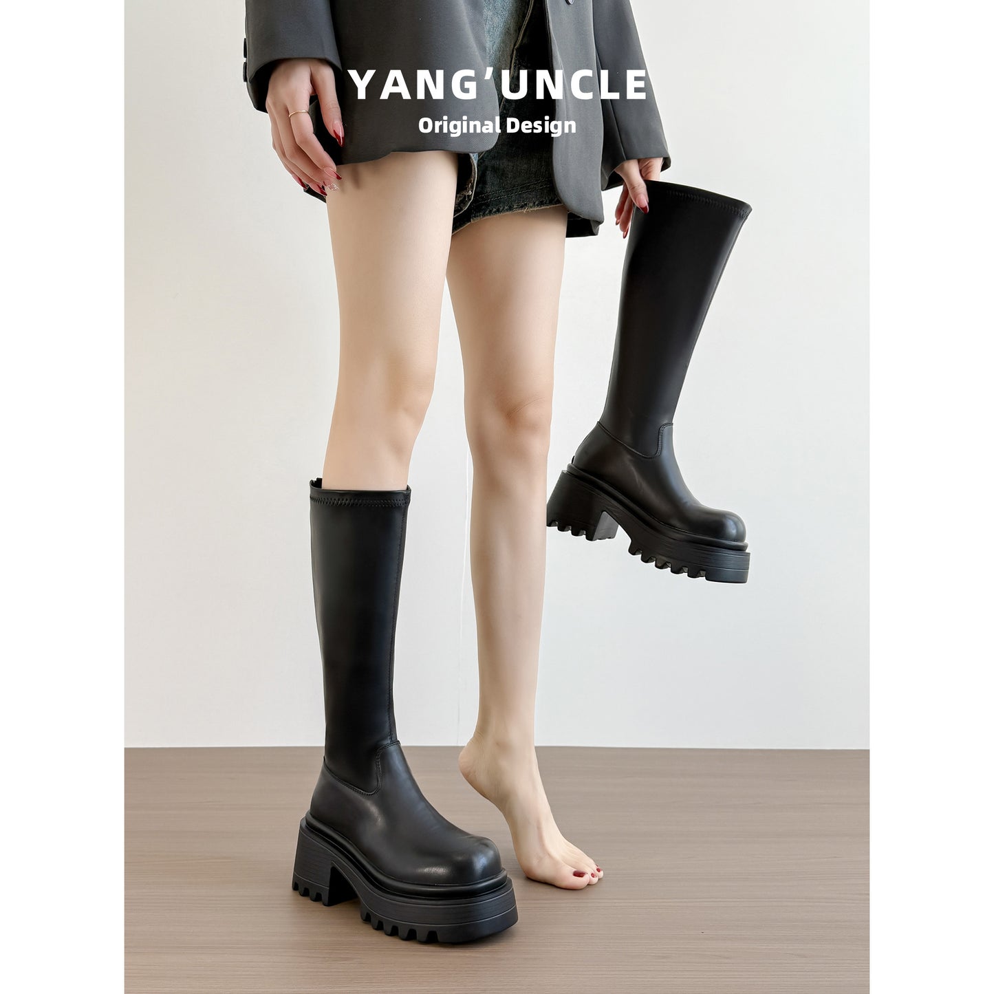 Double Tube Circumference Large Size Thick Bottom Height Increasing Insole Women's Leather Boots