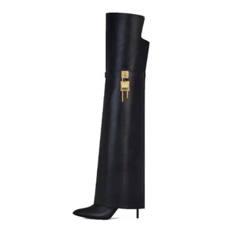 Women's Model Style Pantyhose Pointed Metal Buckle Skirt Stiletto Women's Leather Boots