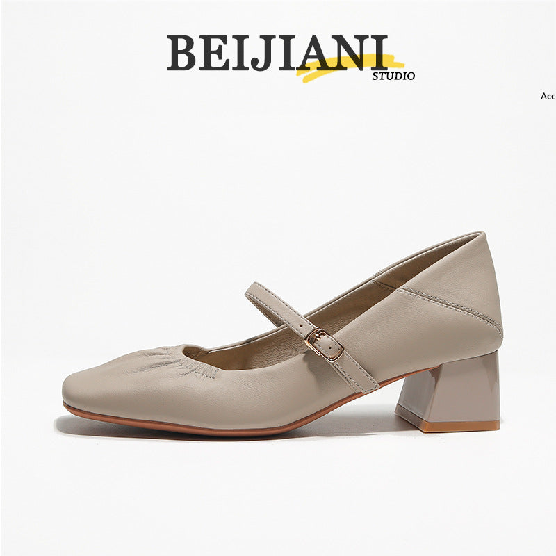 Women's Sheepskin Chunky Pumps Buckle Mary Jane Women's Fashion Shoes