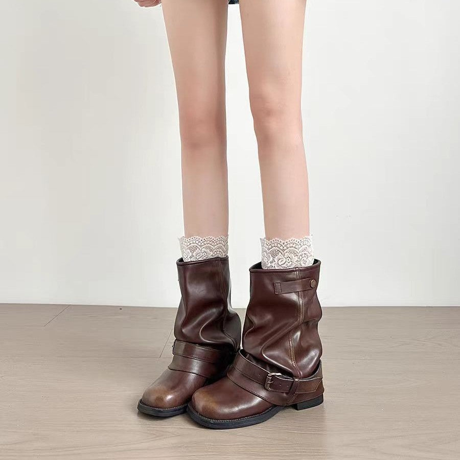 Women's Insole Round Head Belt Buckle Flanging Brushed Pleated Pile Style Women's Leather Boots