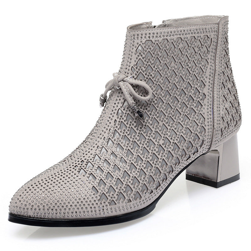 Women's Rhinestone Summer Mid Ankle Chunky Breathable Boots