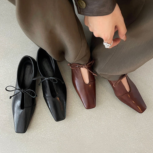 Cowhide Shallow Mouth Pumps Female Low Spring Authentic Square Toe Women's Fashion Shoes