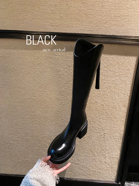V Mouth Increased Chunky Platform Thigh High Round Head Knight Women's Leather Boots