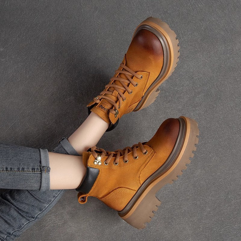 Women's Genuine Thick-soled British Style Martin Cowhide High Worker Vintage Fleece-lined Women's Leather Boots