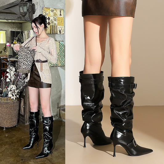 Women's Stiletto Below The Knee Pointed Toe Pleated Belt Buckle Pile Boots
